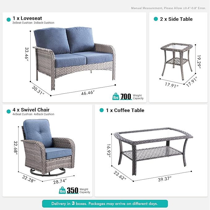 8 PCS Patio Outdoor Furniture Set with Swivel Rocking Chairs,All Weather Wicker Rattan Patio Seating Sofa and Chairs Set,Outdoor Conversaiton Sets for Deck Yard Prrch Garden Poolside,Blue