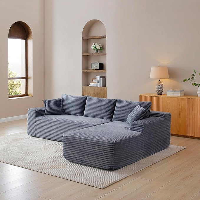 105-Inch L-Shaped Right Facing Corner Compressed Sofa Modular Sectional Boneless Cloud Sofa Floor Foam Couch with Chaise Lounge, Corduroy Corner Boneless Cloud Couch