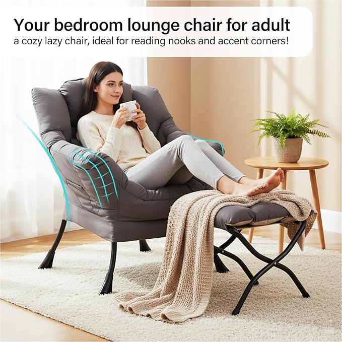 Lazy Chair with Ottoman, Modern Accent Chair with Lumbar Pillow, Dark Grey Sofa, Armchairs with Folding Footrest, Oversized Supportive Chairs for Bedroom, Reading