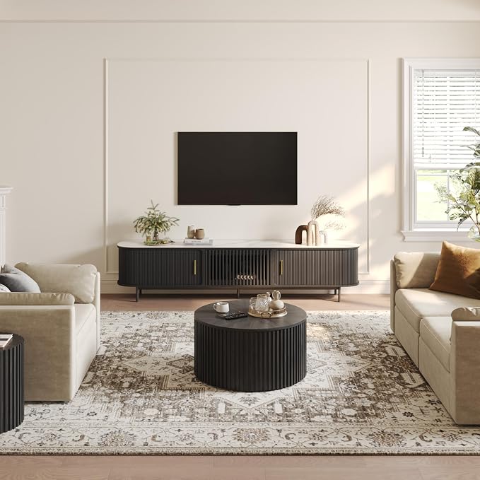 POVISON Fully-Assembled Sliding Tambour Door TV Stand, Mid Century Modern Sintered Stone TV Console, Wood Media Console for 75 Inch TV, Entertainment Center with Storage Cabinet(Black, 78.74") - Image 3