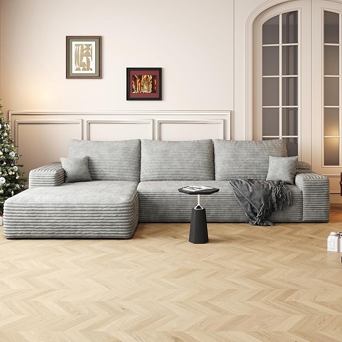 107" Boneless Couch with L Shaped Chaise, Plush Corduroy Sleeper Sectional Sofa, Deep Seat Comfy Couches for Living Room Bedroom, Compressed Foam Cloud Sofas, No Assembly, Left Facing Chaise, Grey
