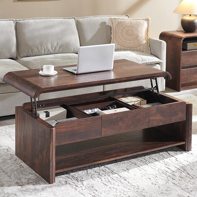 47" Lift Top Coffee Table with Storage, Modern Coffee Table with Pull-Out Drawer and Two-Tier Storage, Rectangle Wood Center Table w/Curved Profile Design for Living Room, Brown
