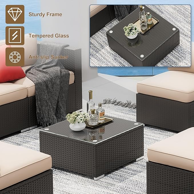 SUNCROWN 7-Piece Outdoor Patio Furniture Sofa Set All-Weather Wicker Sectional Conversation Set with Modern Glass Coffee Table, Cushions and A Waterproof Cover, Backyard, Garden (Brown)