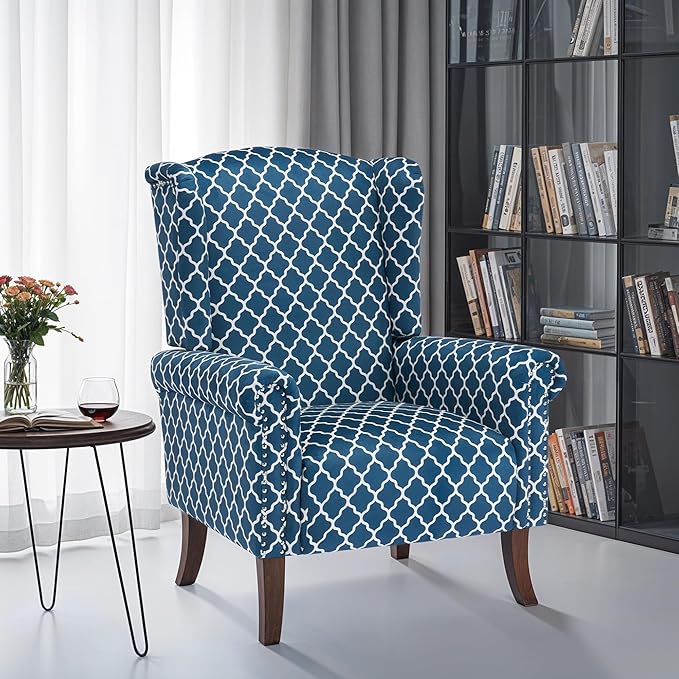 Modern Plaid Accent Chair, Mid-Century Upholstered Wingback Armchair Club Sofa Chair with Wooden Legs, Living Room Chair for Bedroom, Balcony, Lounge (Blue Check)