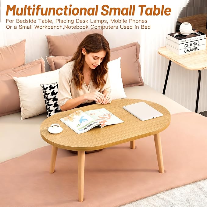 Coffee Table Low Table with Solid Wood Legs, Small Oval Coffee Table Side Table, Floor Table Desk for Sitting on The Floor, Storage and Living Room Furniture for Office Apartment Home, Natural