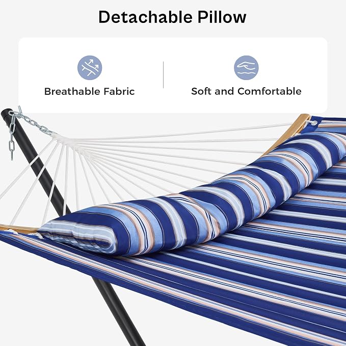SUPERJARE Hammock with Stand, 2 Person Heavy Duty Hammock with Padded Cotton, Detachable Pillow & Strong Curved-Bar & Portable Carrying Bag, Perfect for Outdoor & Indoor, Navy Blue Stripe - Image 4