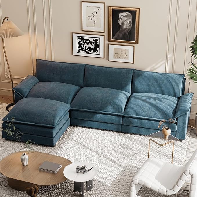 Shahoo Sectional Modular Sofa L Shaped Chenille Fabric Couch with High Supportive & Soft Sponges and Removable Ottoman, Sleeper Comfy Upholstered Furniture for Living Room, Blue
