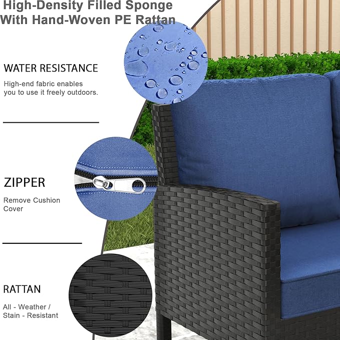7-Piece Patio Furniture Set, Outdoor Couch with Dining Table & Ottomans, PE Rattan Sofa Set with Cushions for Deck, Yard, Poolside (Blue)