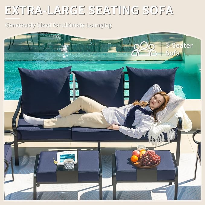 5 Piece Patio Furniture Set, Metal Patio Conversation Set with 1x3 Seater Sofa & 2xFixed Chairs & 2xOttomans, 5.75'' Extra Thick Cushion for Lawn Garden Backyard, Navy Blue