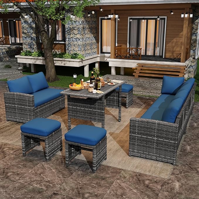 U-MAX 7 Pieces Patio Furniture Set with Waterproof Cover, Outdoor Sectional Sofa Conversation Set, All Weather Wicker Rattan Dining Table & Chair with Ottoman, Grey Rattan&Dark Blue Cushion