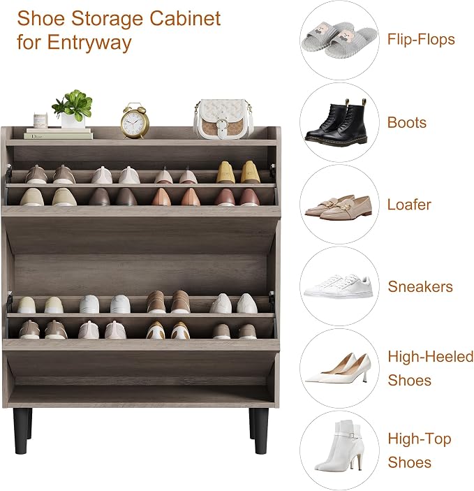 GarveeHome Shoe Cabinet with 2 Flip Drawers, Wooden Shoe Organizer Cabinet with Adjustable Shelf, Shoe Storage for Entryway, Hidden Shoe Cabinet for Hallway, Living Room, Grey - Image 5