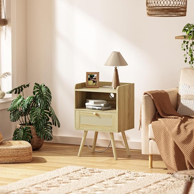 SUPERJARE Nightstand with Charging Station & Rattan-Like Decor Drawer, Rattan End Table with Solid Wood Feet, Bed Side Table with Open Storage, for Bedroom, Living Room, Dormitory - Natural - Image 6