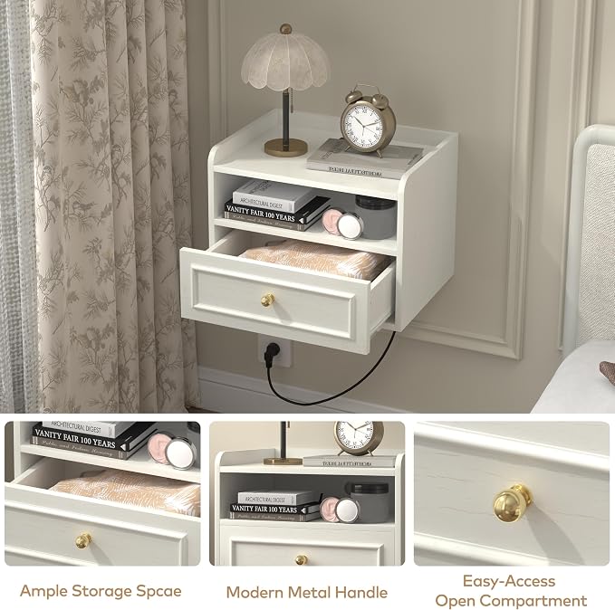Floating Nightstand with Charging Station Set of 2, Modern Wall Mounted Bedside Tables with Drawer & Open Shelf, Modern Hanging Table with USB & Type C Ports for Bedroom, Small Spaces (AntiqueWhite) - Image 5