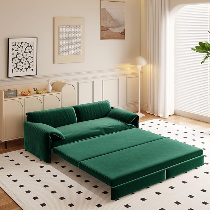 Eafurn 66" Convertible Sofa Bed Queen Size, 3-in-1 Pull Out Sleeper Couch Sofabed, Modern Velvet Loveseat Chaise Lounge w/Side Storage Pocket for Living Room Office | Removable Cushions