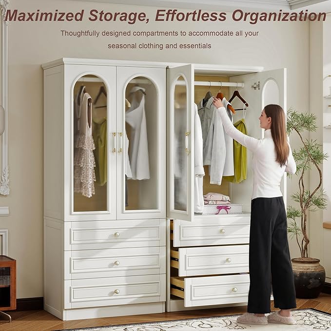 Solid Wood Armoire Wardrobe Closet, 4 Door Solid Wood Wardrobe Cabinet with 2 Drawers, Armoire Closet with Hanging Rods Storing Clothes for Bedroom (White-26)