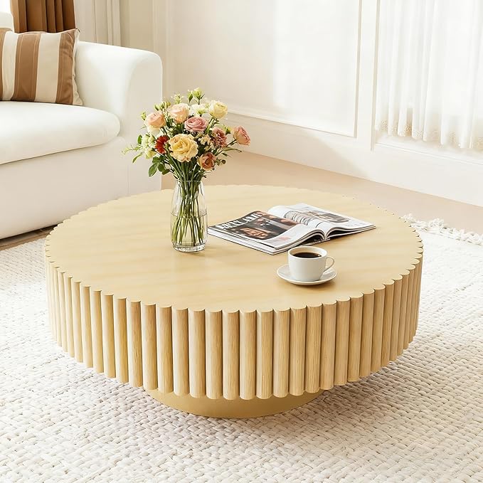 Rovibek Fluted Round Coffee Table, 31.5" Modern Wooden Coffee Table with Fluted Base, Circle Accent Center Table for Living Room Apartment Office Small Space, Easy Assembly (Natural)