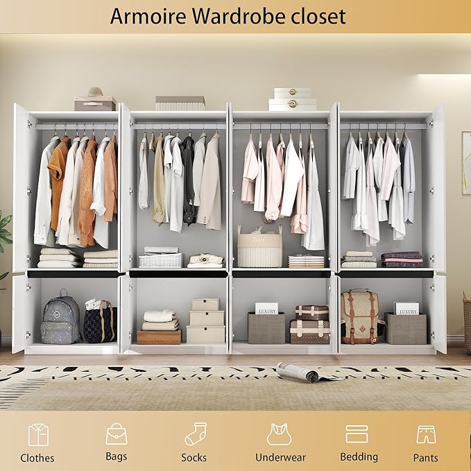 Wardrobe Closet with 8 Doors: 75" White Bedroom Armoire, Wooden Wardrobe for Hanging Clothes, Tall Storage Cabinet with Shelves and Hanging Rod (C+C+C+C, 126")