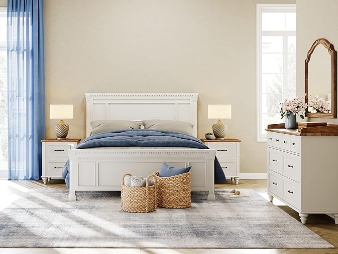 WAMPAT 3 Piece Dresser and Nightstand Sets, White Dresser & Chests of Drawers with 6 Drawers and Metal Handle, Mid-Century Modern Set of 2 End Tables with Charging Station, 3 Piece Bedroom Set