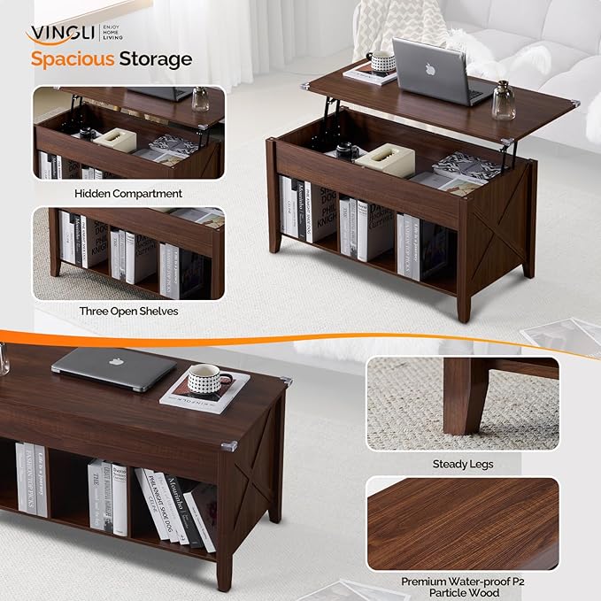 VINGLI Farmhouse Lift Top Coffee Table, Coffee Tables for Living Room with Storage Shelf/Hidden Compartment, Mesa De Centro para Sala, Rustic Brown