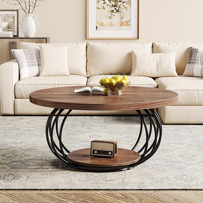 Tribesigns Round Coffee Table for Living Room, 39.4" Industrial Wooden 2-Tier Circle Accent Center Cocktail Table with Storage Shelf and Metal Frame, Rustic Brown & Black