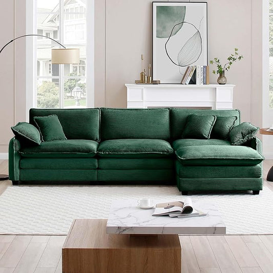 KEIKI 115" L-Shaped Oversized Corduroy Modular Sectional Sofa with 1 Ottoman, High-Density Foam Cushions, Removable Armrests, Upholstered 3-Seater Corner Couch with 5 Pillow, for Living Room, Green
