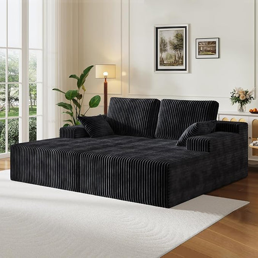 106" Boneless Couches for Living Room, Modular Sectional Sofa, L-Shape Sofa Couches,Cloud Couch Sectional, Comfy Corduroy Sofa, with Deep Seat, No Assembly Required (Black, Loveseat Chaise)