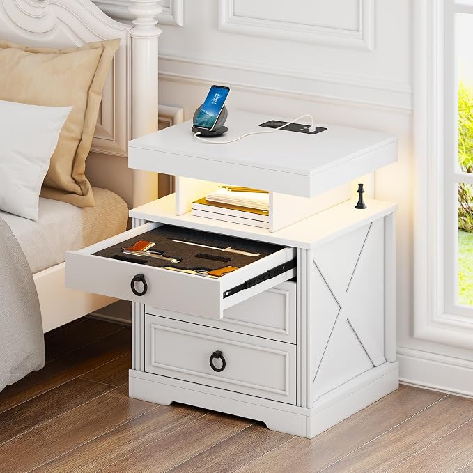 Gurexl Farmhouse Set of 2 Night Stand with Lockable Gun Drawer,LED Nightstand with Charging Station,Bedside Table with Human Sensor 3-Color Lights,End Table with 3 Drawers,Bedroom,White - Image 3