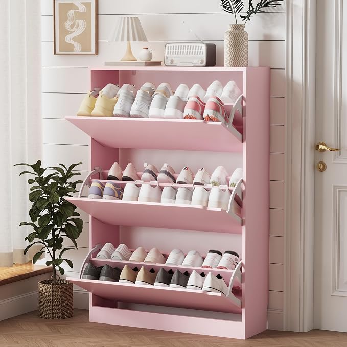 Xixini Shoe Storage Cabinet for Entryway with 3 Flip Drawers, Sturdy Wood Hidden Shoe Storage, Freestanding Narrow Slim Shoe Organizer for Front Door Entrance, Living Room, Hallway, Bedroom, Pink by Xixini