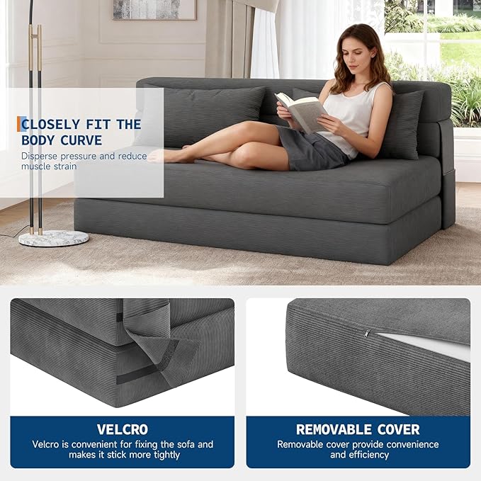 Garvee 4-in-1 Folding Sofa Bed & Chair Bed - Convertible Sleeper, Fold Out Loveseat Sofa Couch with Pillow, Tufted Floor Lounge for Living Room, Bedroom, Guest Room, Dark Gray