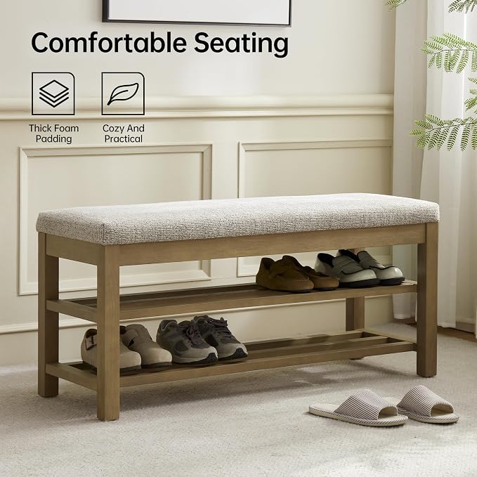 VKNOW Entryway Bench, 44.3” Upholstered Shoe Storage Bench for Bedroom, 2-Tier Storage End of Bed Bench with Rubberwood Legs for Living Room, Hallway, Brown - Image 3