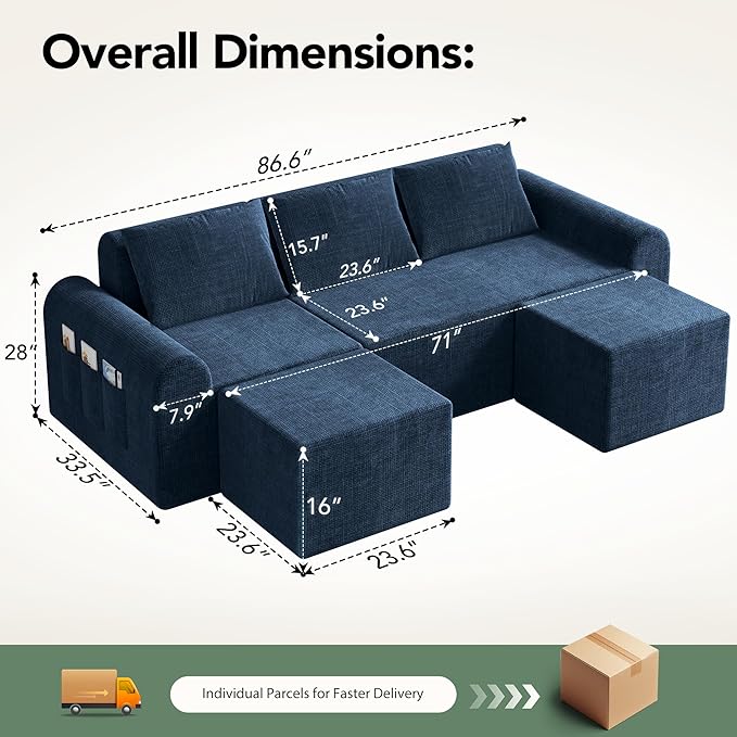 Cloud Modular Sectional Sofa, No Assembly Deep Seat Chenille Couch with 2 Ottomans, 3-Seater Modular Sofa for Living Room, Blue