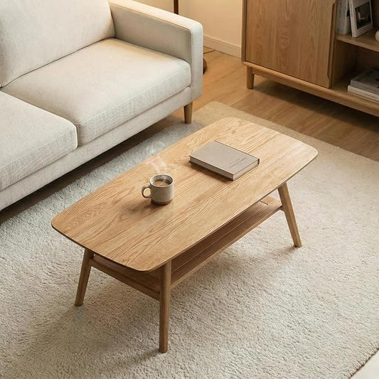 Mid Century Modern Coffee Table: 100% Solid Wood Coffee Table - 2-Tier Storage Design - Practical Coffee Tables for Living Room, Apartment, Easy Assembly (Natural, 47.24")