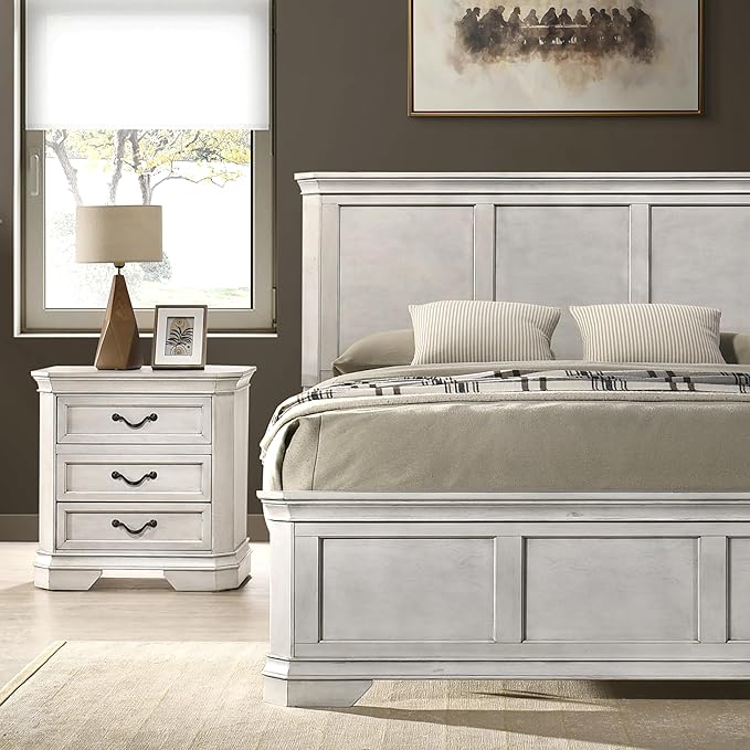 Roundhill Furniture Maderne Wood Panel Bed with Two Nightstand, Queen, Antique White Finish