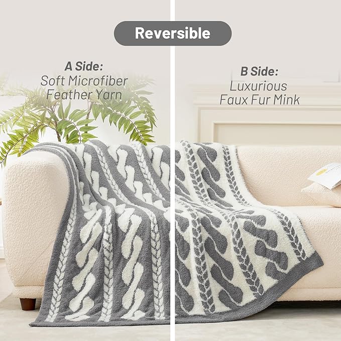 Amélie Home Cable Knit Throw Blanket for Couch, Super Soft Fuzzy Cozy Throw, Giftable Knitted Blanket for Women Men, Birthday, Sofa Bed Living Room Decor, 50" x 60", Cable Grey & White