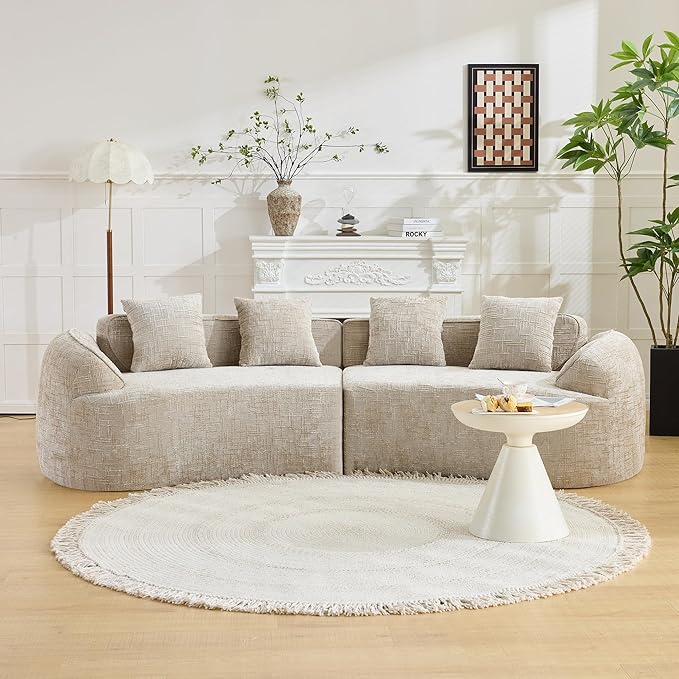 109-Inch Curved Boneless Sofa Couches Compressed 4-Seat Foam Couch for Living Room Bedroom, Boneless Modular Cloud Sofa Curved Floor Couch with 4 Pillows, No Assembly