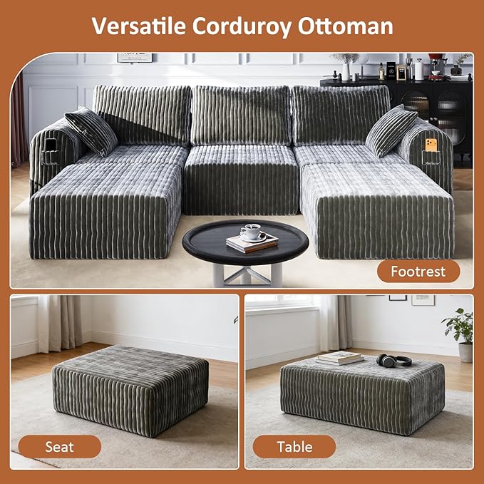 106" Boneless Couches for Living Room, Modular Sectional Sofa, L-Shape Sofa Couches,Cloud Couch Sectional, Comfy Corduroy Sofa, with Deep Seat, No Assembly Required (Gray, 1 Ottoman)