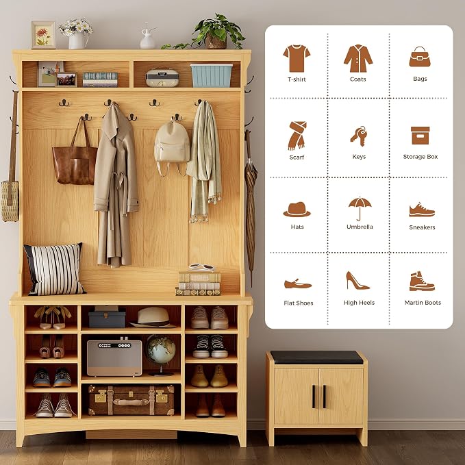 IRONCK Hall Tree with Bench and Shoe Storage, 6-in-1 Entryway Bench with Coat Rack, Adjustable Shelf, Hanging Hooks, 11 Shoe Cubbies, 2-Tier Top Storage, for Entryway, Bedroom, Living Room, Oak - Image 8
