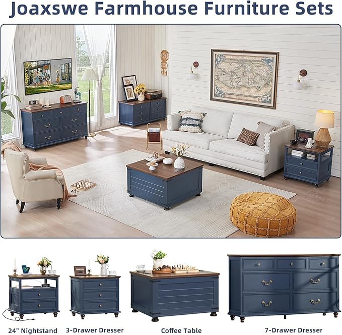 Joaxswe 24" Wide Farmhouse Nightstand with Charging Station Set of 2,54" 7 Drawers Dresser, 45" Tall Rustic Chests of 5 Drawers, Farmhouse Furniture Series for Bedroom,DarkBlue