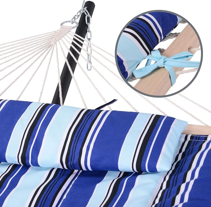 SUNCREAT Double Hammock with Stand, Two Person Cotton Rope Hammock, Blue Stripe - Image 4