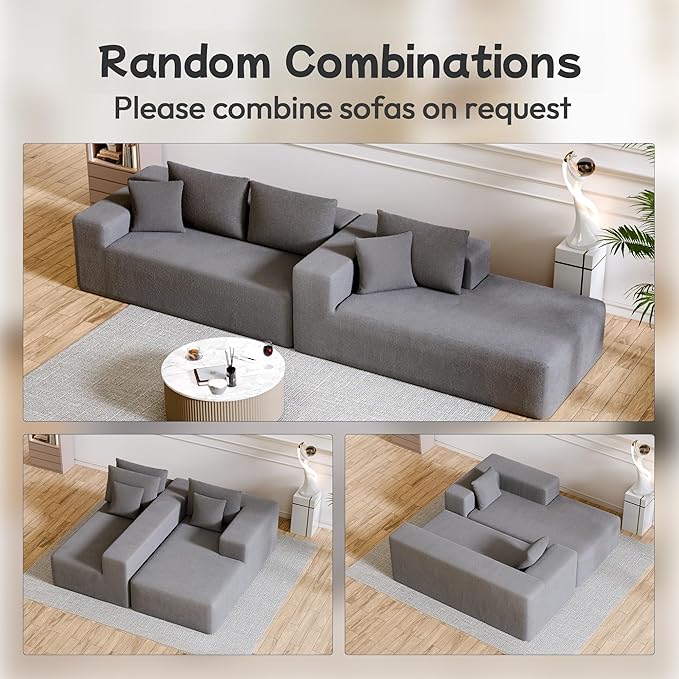 104” Sectional Cloud Couch, L-Shape Compressed Sofa with Left Chaise Lounge, Modular Cloud Couch with 2 Pillows & Deep Seat, Rain Drop Velvet Floor Sofa for Living Room, Light Gray