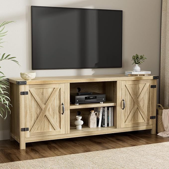YESHOMY Modern Farmhouse TV Stand with Two Barn Doors and Storage Cabinets for Televisions up to 65+ Inch, Entertainment Center Console Table, Media Furniture for Living Room, 58 Inch, White Oak - Image 3