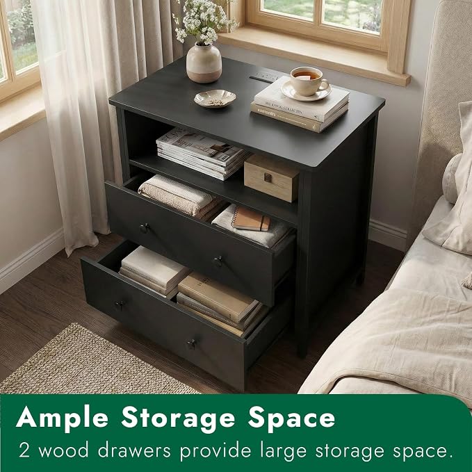 27 Inch Wide Night Stand, Large Wood Night Stand with 2 Drawer, LED Nightstand with Charging Station and Adjustable Drawer, Bedside Table for Living Room/Bedroom/Study/Office, Black. - Image 6