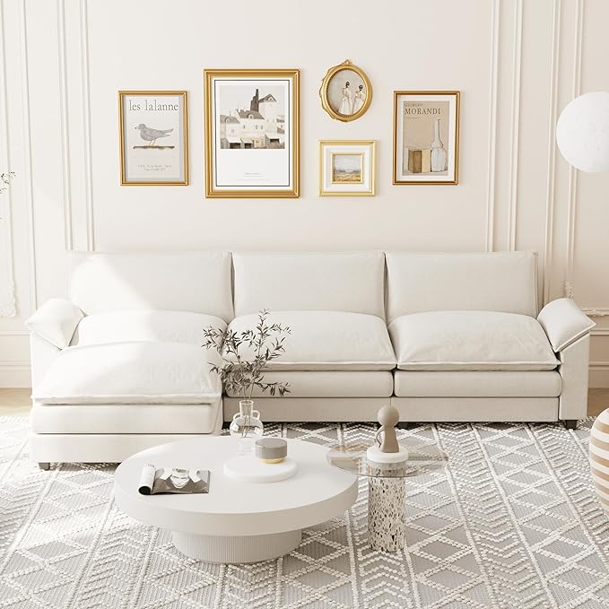 Shahoo Sectional Modular Sofa L Shaped Chenille Fabric Couch with High Supportive & Soft Sponges and Removable Ottoman, Sleeper Comfy Upholstered Furniture for Living Room, Bright Beige