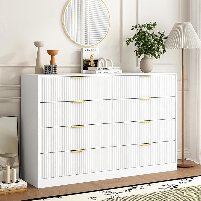8 Drawer Dresser and Nightstand Sets for Bedroom, 3 Pcs Bedroom Set，Night Stand Set of 2 & 8 Drawer Dresser with Gold Handles, Modern Wood Chest of Drawers Storage Cabinet Set, White