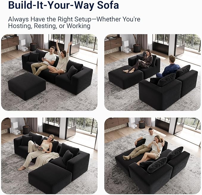 Avenco 106” L-Shaped Modular Sectional Sofa with Ottoman, Individually Wrapped Coil Support & Corduroy Fabric, Zero Assembly 4-Piece Set for Living Room, Black
