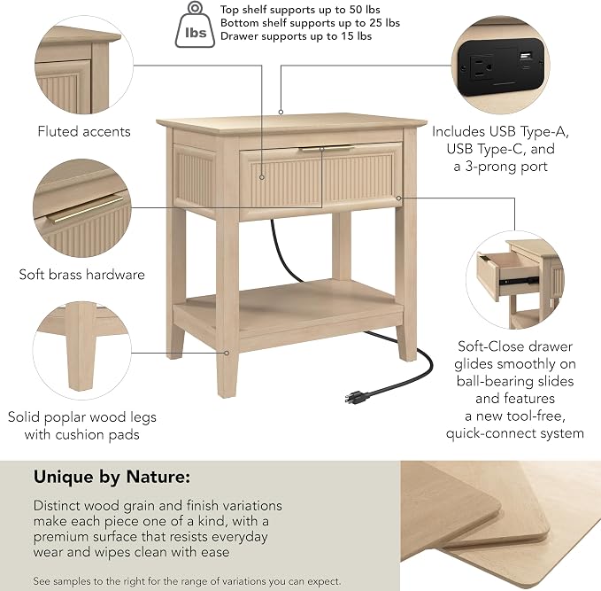 Bush Home Fluted Nightstand with Drawer, Bedroom Furniture, Camille Collection, Natural Birch Beige - Image 8