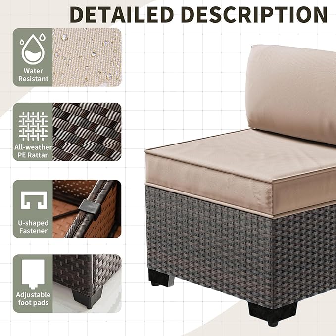 Gotland 7 Pieces Patio Furniture Set with 55000BTU Fire Pit Table, Wicker Patio Set with Wide Armrests 29.5'' High Backrest Thick Cushions 1 Coffee Table, Outdoor Furniture for Porch Deck Khaki