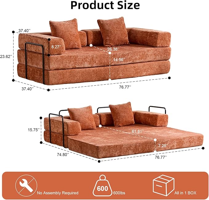 Convertible Floor Sofa Bed, Fold Out Floor Couch with Pillow Back & Armrest, Compressed Couch with Fixed-Shape Frame, Chenille Foldable Sleeper Sofa Bed for Living Room Bedroom, Orange