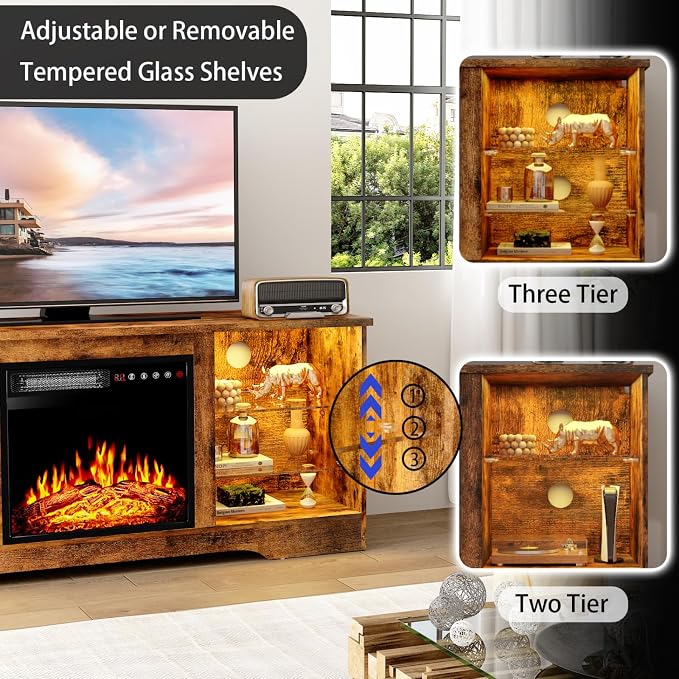 PRETZI Fireplace TV Stand with 18" Fireplace Up to 65" TVs, 58" Entertainment Center with LED Lights, TV Media Console with Adjustable Glass Shelves and Storage Cabinets for Living Room, Brown - Image 4