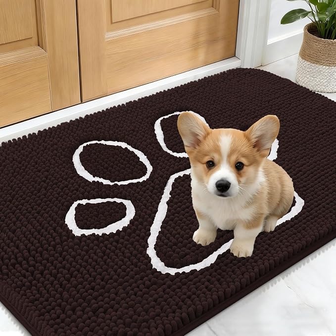OLANLY Dog Door Mat for Muddy Paws 24x16, Paw Print Design, Absorbs Moisture and Dirt, Absorbent Non-Slip Washable Doormat, Quick Dry Chenille Mud Mat for Dogs, Entry Indoor Entryway Carpet, Brown by OLANLY